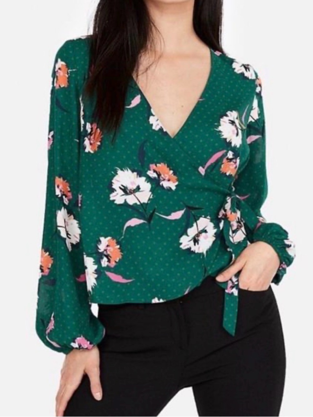 Express Green Floral Faux Wrap Blouse Womens Large Long Sleeve Tie Waist Top